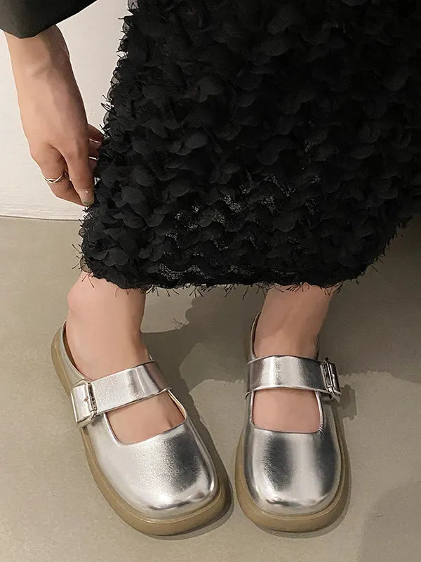 Belt Buckle Round-toe Shallow Cut Split-joint Platform Shoes Slippers&mules