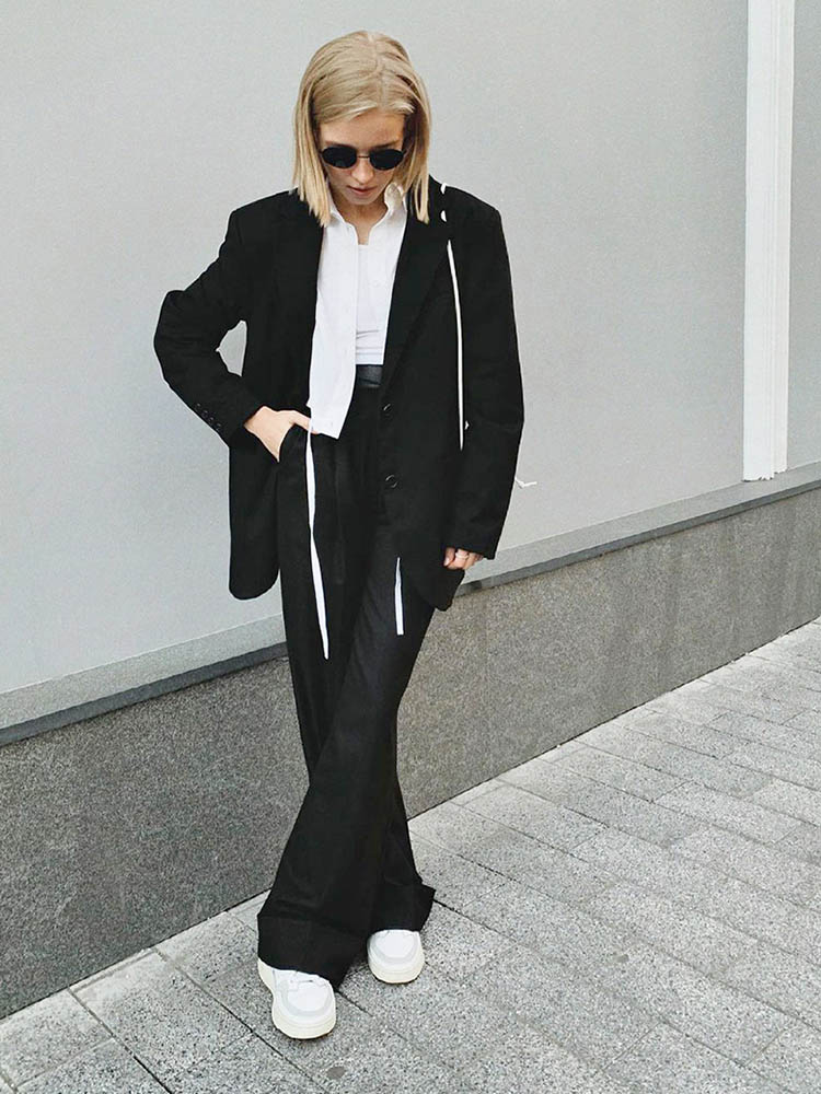 Spring Summer Black Office Trousers High Waist Pants Pockets Female Pleated Wide Leg Pants