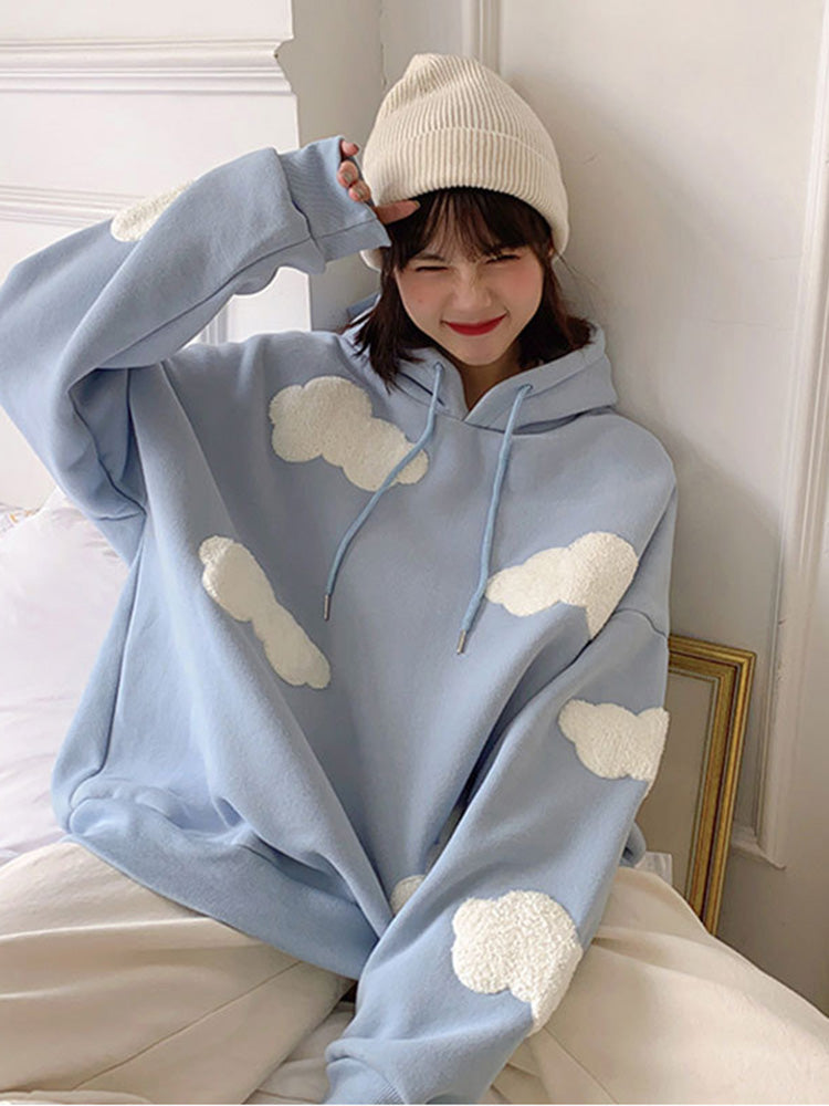 Korean Sweatshirt Winter Clouds ’s Sweaters Velvet Warm Sleeves Tops Temporary Hoodies Kawaii Femal
