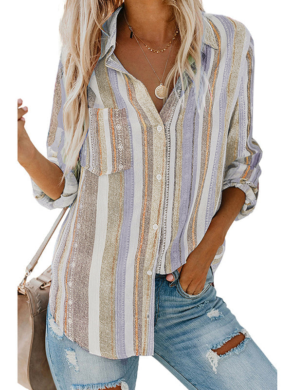 High-low Long Sleeves Buttoned Pockets Striped Lapel Blouses&shirts Tops
