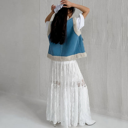 Taruxy Jacquard See-through High-waisted Skirt ’s Summer New Loose A-line Long Skirt Lace Patchwork Color Female