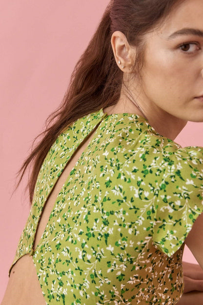 Backless Cut-out Slit Print Midi Dress Green