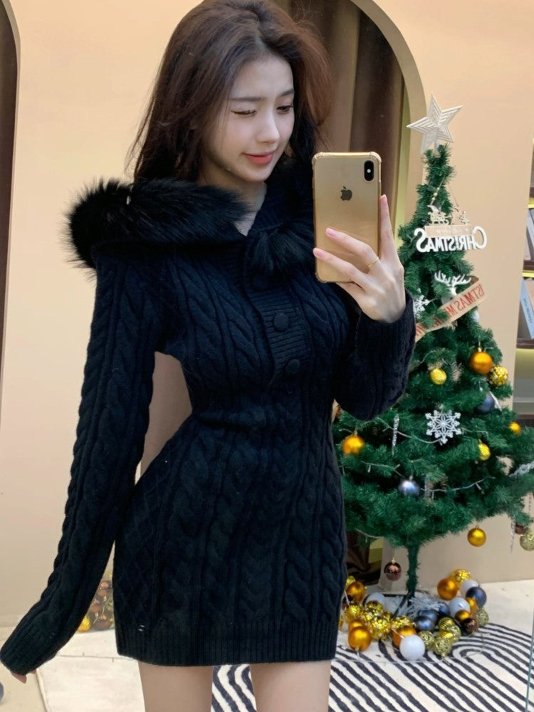 Y2k Knitted Dress Faux Fur Hooded Sweater Christmas Party Mini Dresses Autumn Winter Kawaii Vestidos Mujers New