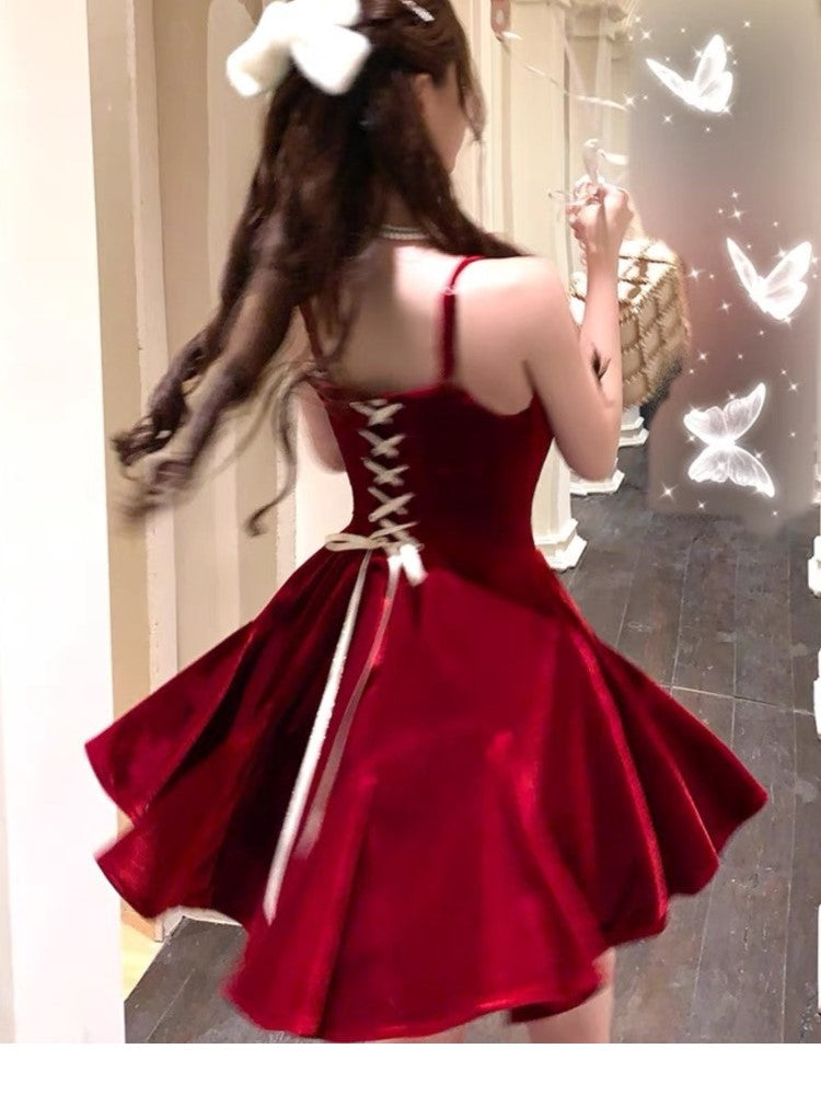 Velvet Mini Dress Princess A-line Birthday Party Vestidos Patchwork Slim Y2k Lace Up Autumn Spring Dresses