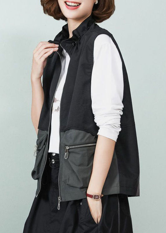 Black Stand Collar Patchwork Drawstring Cotton Vest Spring