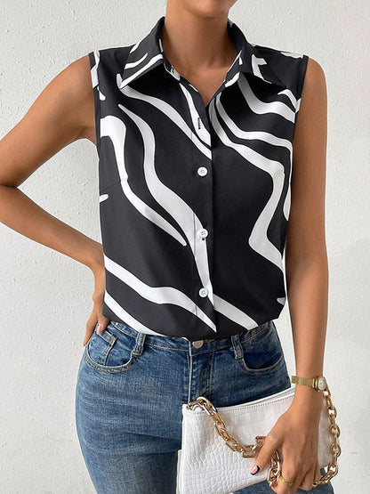 Loose Sleeveless Buttoned Printed Lapel Blouses&shirts Tops