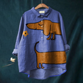 Comstylish Cute Dachshund Floral Art Print Linen Blend Long Sleeve Shirt