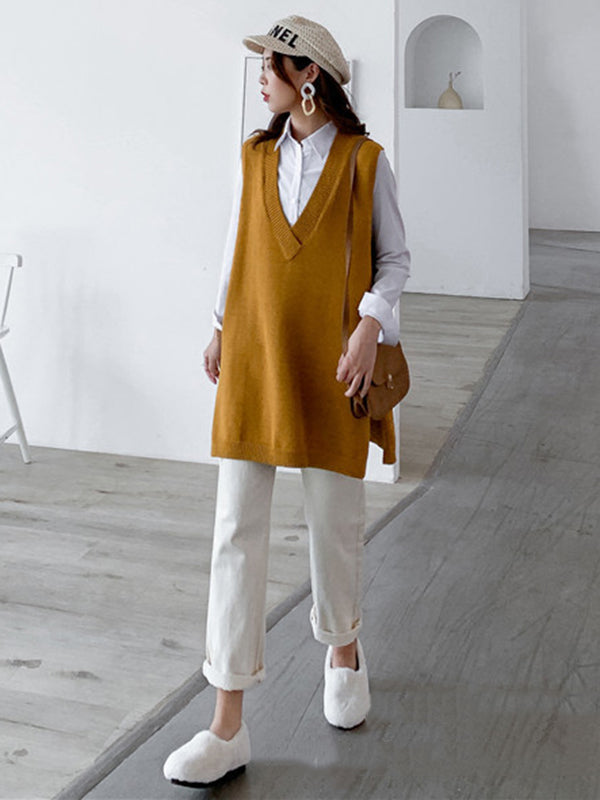 Sleeveless Split-side Color V-neck Knitted Vest