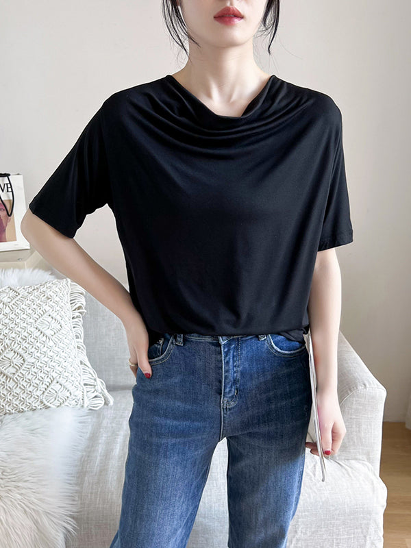 Short Sleeves Pleated Color Heaps Collar T-shirts Tops