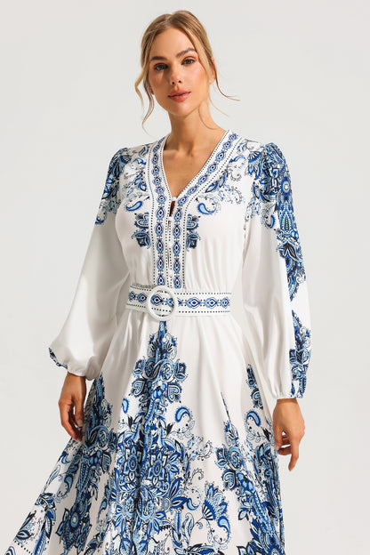 Paisley Single Breasted Long Sleeve Mini Dress With Belt