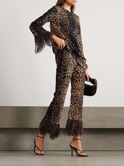 Long Sleeves Feathers Leopard Round-neck Pants Pants Set T-shirts Tops Two-piece Sets