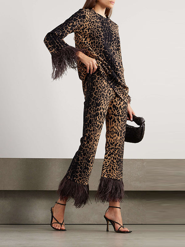 Long Sleeves Feathers Leopard Round-neck Pants Pants Set T-shirts Tops Two-piece Sets