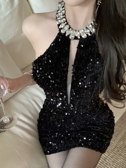 Halter Mini Dress Sleeveless Rhinestone Sequins Hollow Out New Summer Shiny Evening Party Dresses Slim Clubwear