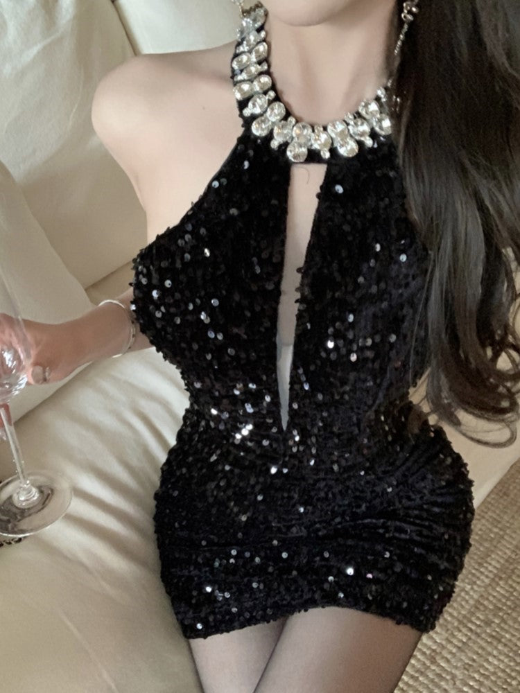 Halter Mini Dress Sleeveless Rhinestone Sequins Hollow Out New Summer Shiny Evening Party Dresses Slim Clubwear