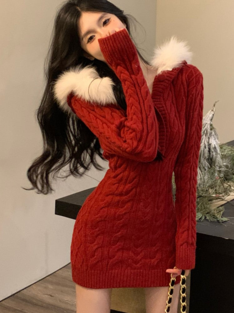 Y2k Knitted Dress Faux Fur Hooded Sweater Christmas Party Mini Dresses Autumn Winter Kawaii Vestidos Mujers New