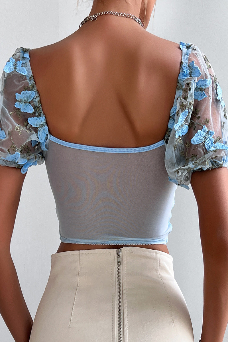 Butterfly Embroidered Draw String Mesh V Neck Low Waist T-shirts