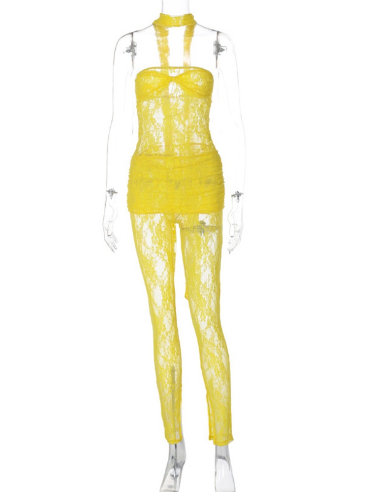 Taruxy See-through Lace Two Piece Set for Slim Jumpsuit High Waist Lace Pants Set Outfits Summer