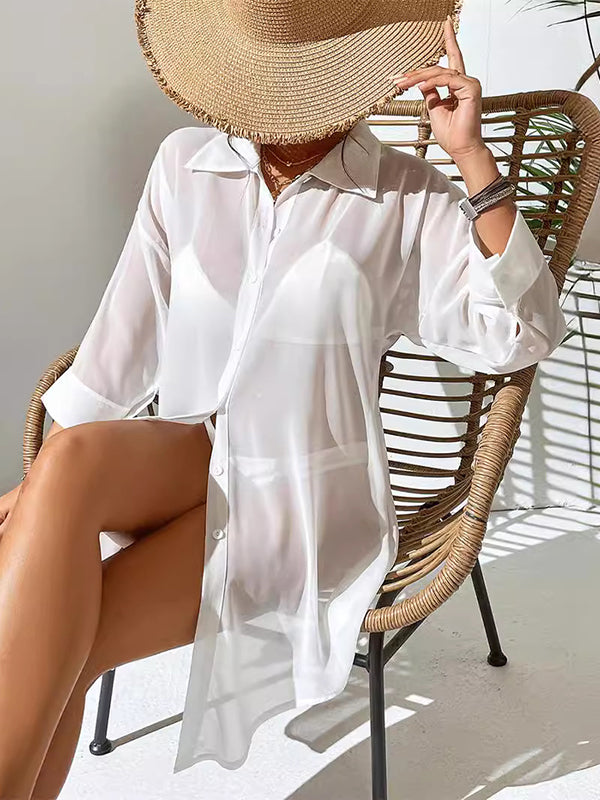 Loose Three-quarter Sleeves Buttoned See-through Color Split-joint Lapel Blouses&shirts Tops