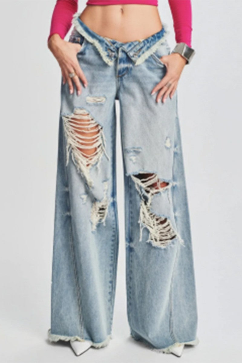 Ripped Patchwork Mid Waist Regular Denim Jeans (subject to the Actual Object)(5 Colors)