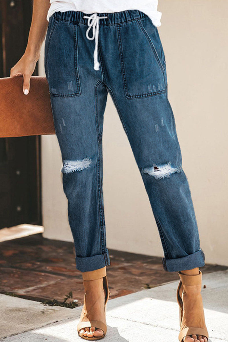 Street Color Ripped Draw String Pocket Denim Jeans(4 Colors)