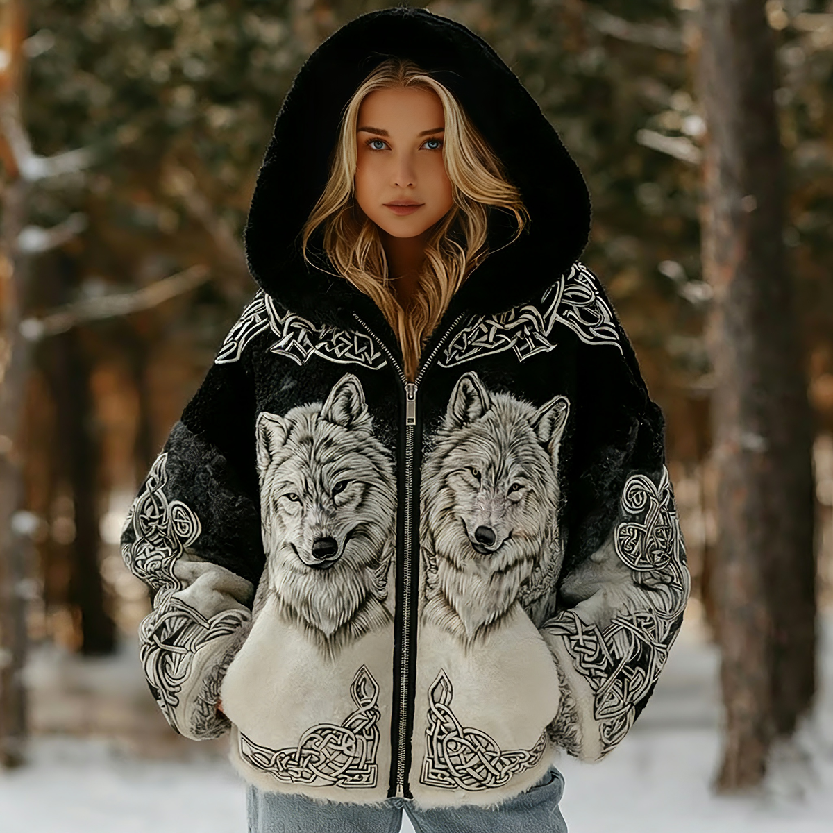 Comstylish Women's Vintage Viking Wolf Celtic Art Cozy Flannel Hooded Jacket