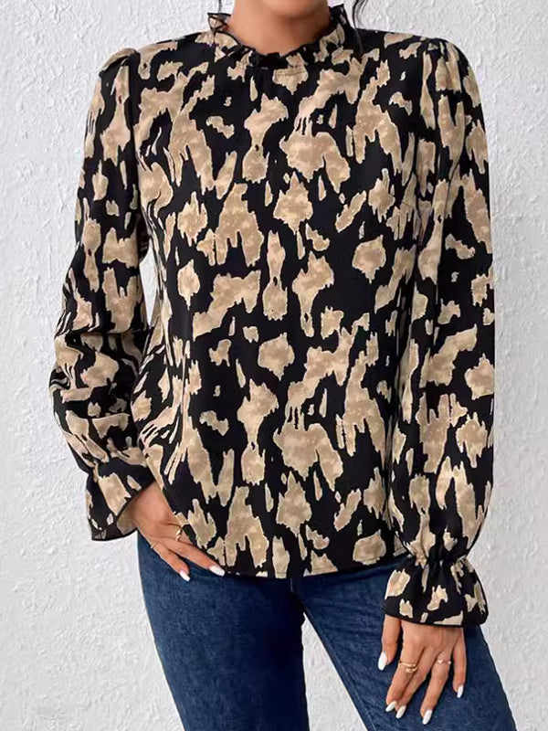 Flared Sleeves Long Sleeves Elasticity Hollow Leopard Mock Neck Blouses&shirts Tops