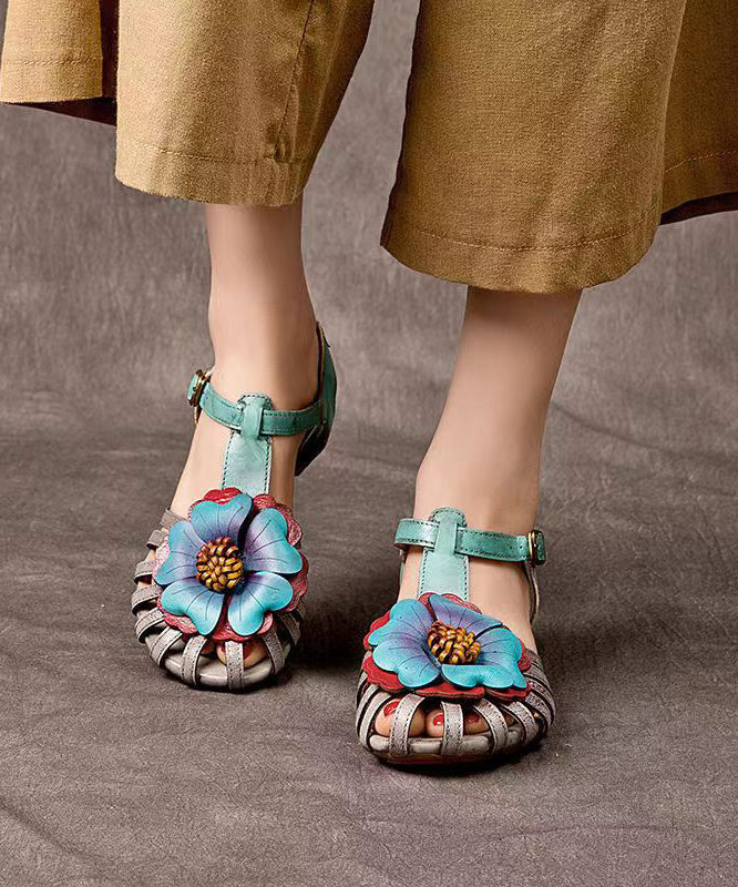 Comfy Splicing Wedge Sandals Grey Cowhide Leather Hollow Out Oi024