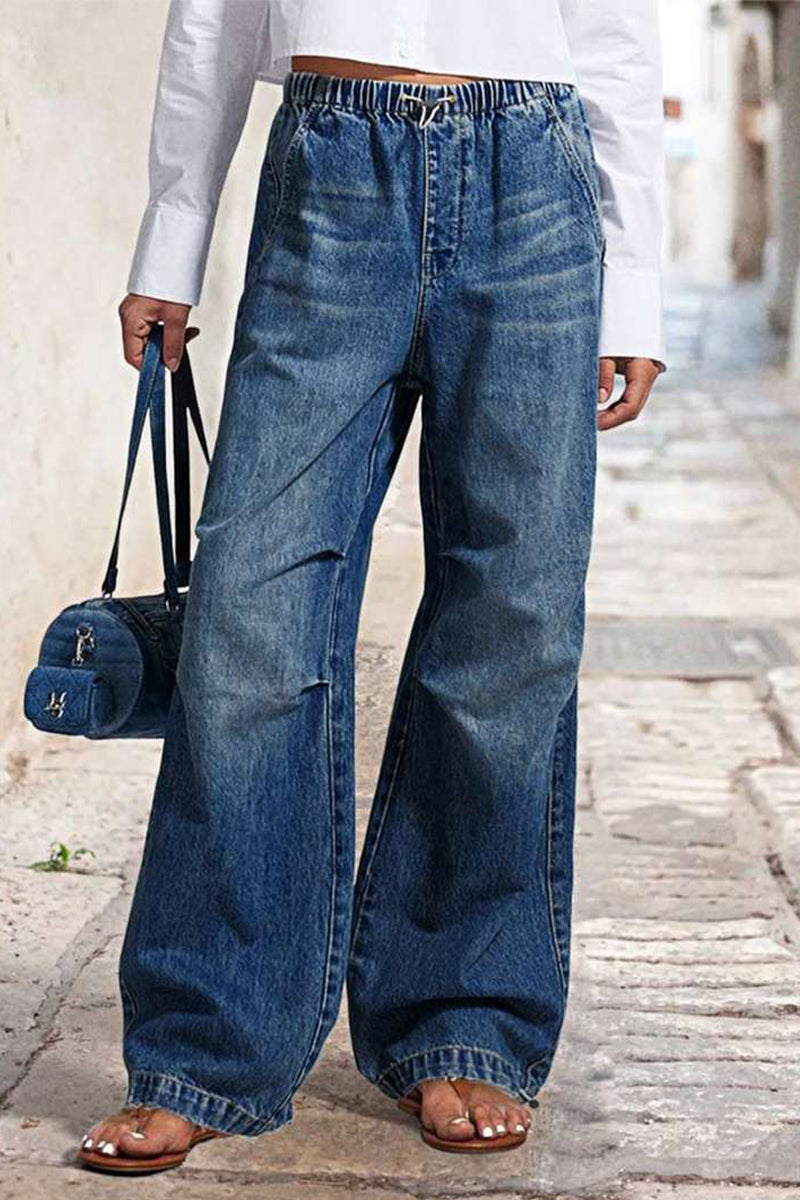 Distressed Draw String Ruched Mid Waist Loose Denim Jeans