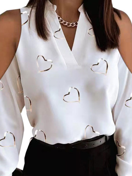 Original Loving Heart Printed Loose Long Sleeves Hollow V-neck Blouses&shirts Tops