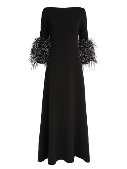 Simple Black and White Feather Long Sleeve Party Dress