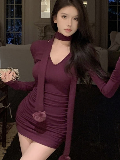 Mini Dress Autumn Spring V-neck Halter Long Sleeve Wrap Hip Slim Korean Style Y2k Simple Vestidos Mujer