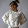 Classy Snowflakes Pearls Beaded Cozy Fuzzy Knit Sweater artswardrobe