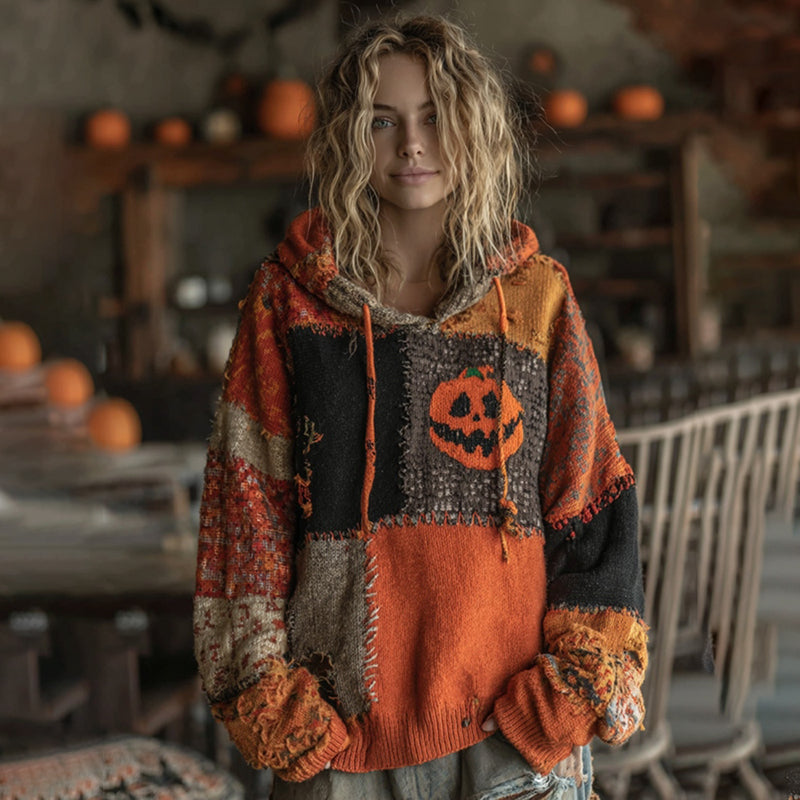 Halloween Pumpkin Patchwork Stitched Cozy Knit Hooded artswardrobe