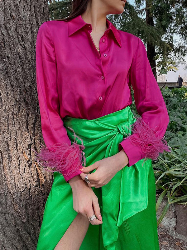 Loose Wrap Feathers Color Split-joint Lapel Collar Blouses&shirts Tops