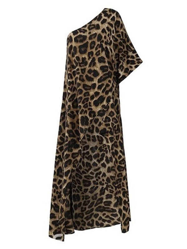 Stylish Leopard Printed Asymmetric One-shoulder Loose T-shirt Tops