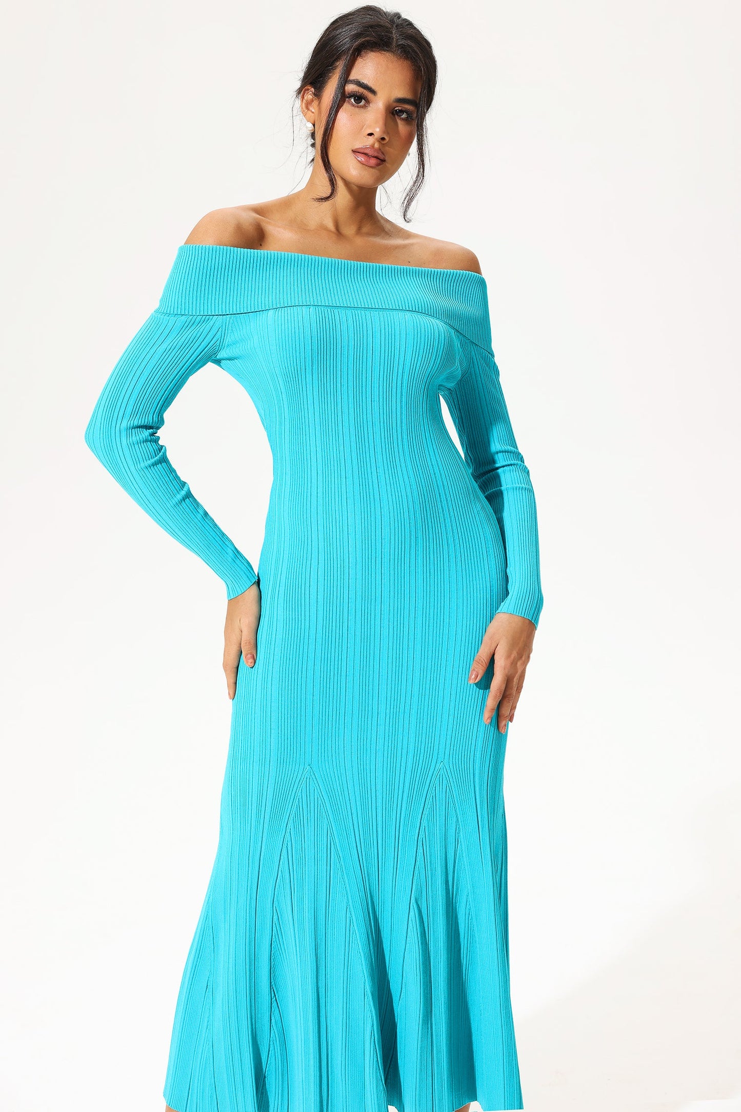Long Sleeve Off-shoulder Slim Fishtail Knit Midi Dress