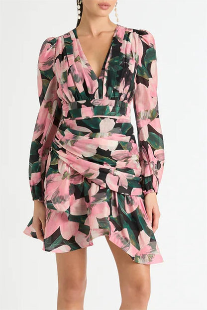 Long Sleeve V-neck Pleated Mini Dress Pink
