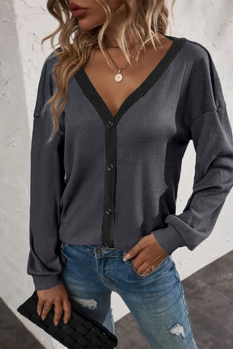 Patchwork Buttons V Neck T-shirts(7 Colors)