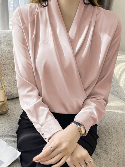 Long Sleeves Loose Buttoned Color V-neck Blouses&shirts Tops