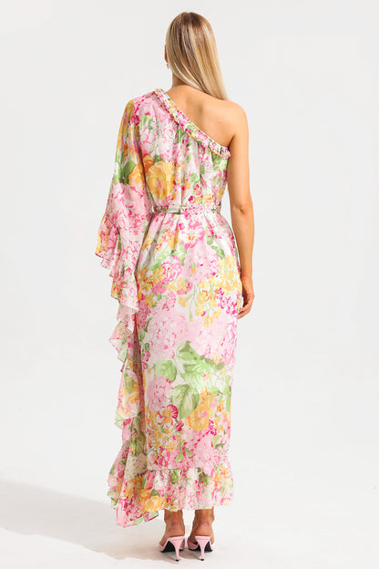 Ruffle Asymmetric One Shoulder Midi Dress
