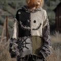 Halloween Spooky Face And Spider Web Patchwork Design Cozy Knit Hooded artswardrobe