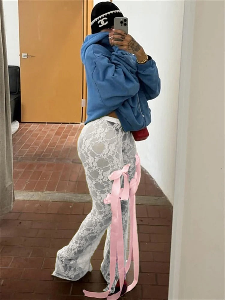 Tossy Bow Lace See-through Printed High Waist Mesh ’s Pants