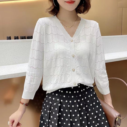V Neck Hollow Out Cutout Knitted Cardigan Coat Spring Summer Short Small Thin Sun Protection Clothing Top