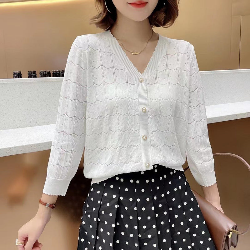 V Neck Hollow Out Cutout Knitted Cardigan Coat Spring Summer Short Small Thin Sun Protection Clothing Top