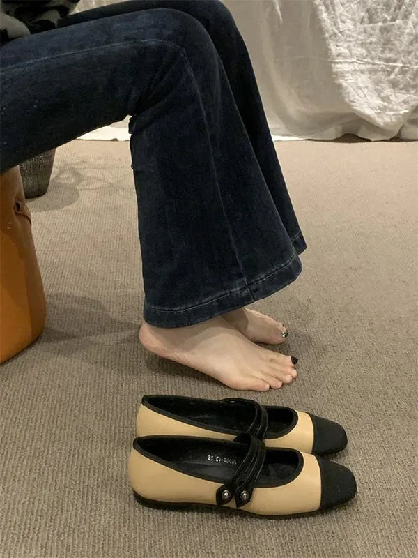 Contrast Color Round Cut Split-joint Square-toe Low Heels Flat Shoes Flats