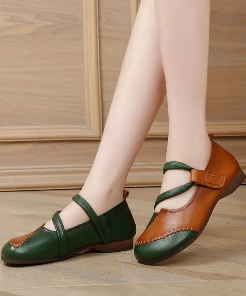 Handmade Splicing Green Flat Shoes for Lace Up Flats