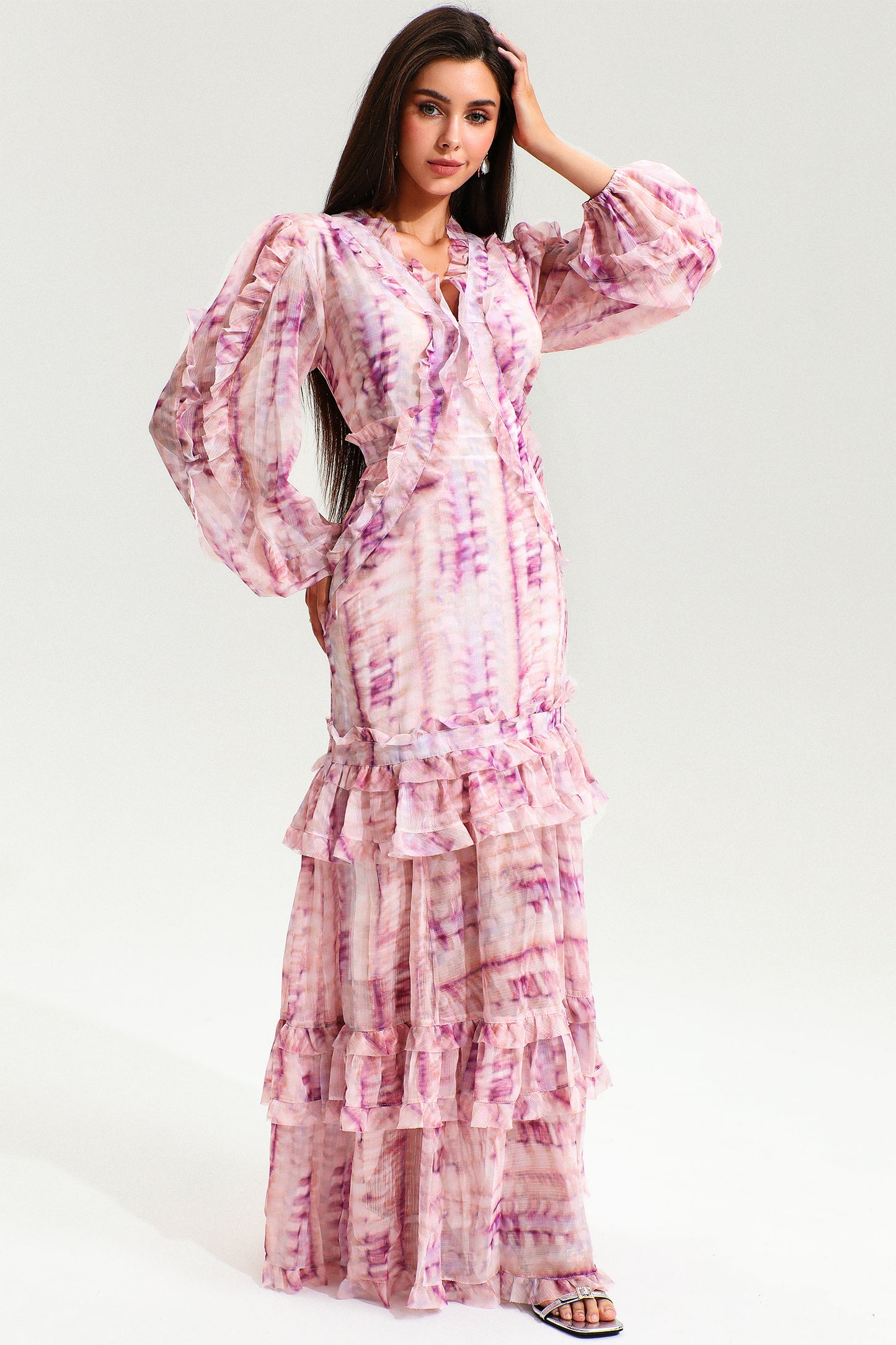 V-neck Lace Puff Sleeve Tiered Ruffle Hem Maxi Dress Pink