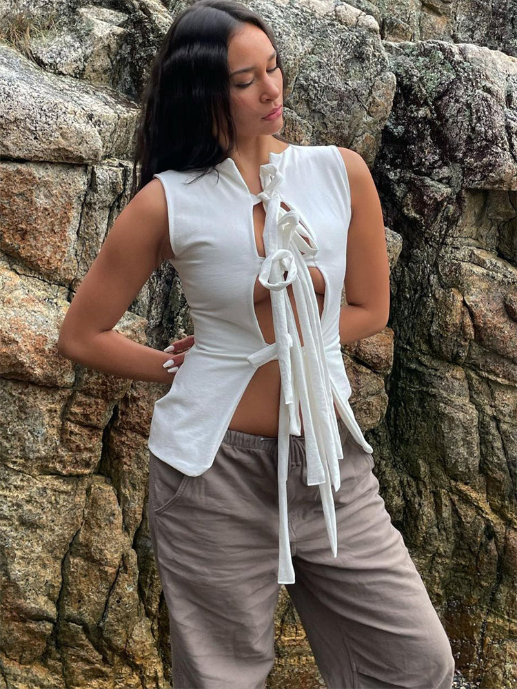Tossy Bandage Hollow Out Tank Top for Slim Summer Patchwork Lace-up Cropped Top Female Cardigan Y2k Top New