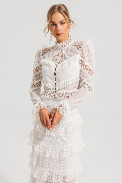 Embroidered Ball Sleeve Top ?embroidered Ruffle Mid Waist Maxi Skirt Set