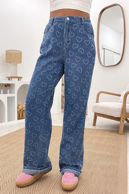 Heart Shaped Distressed Patchwork High Waist Loose Denim Jeans